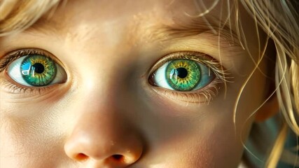 Pretty eyes of a little blonde girl. Cute child with beautiful green eyes looking into the camera close-up footage - Powered by Adobe