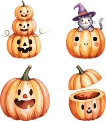 Cute Halloween pumpkins with smiling faces and witch cat, festive cartoon illustration for fall decoration, spooky carving, autumn celebration art