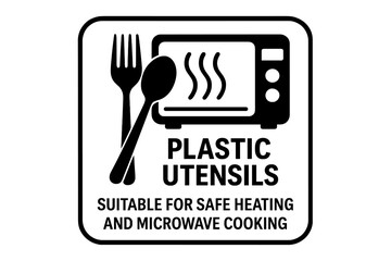 Microwave safe icon for plastic utensils. Vector label for safe heating and cooking. Food packaging symbol, container instruction guide for disposable cutlery. Pictogram.
