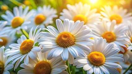 Fototapeta premium White daisies with yellow centers in bright sunlight