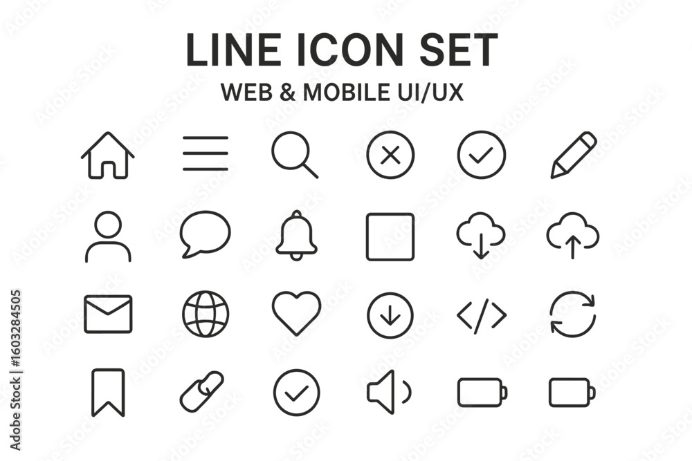 Aufkleber web & mobile ui ux line icon set. user interface navigation elements. vector outline thin icons pack