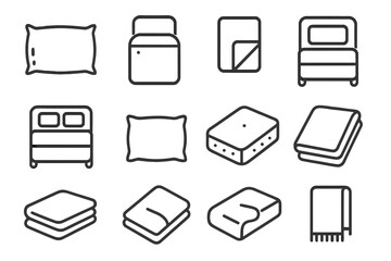 Bed linen and sleep comfort line icon set. Vector symbols of pillow, mattress, blanket, and bed. Home textile, bedroom furniture, and hotel service outline pictograms.