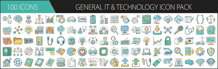 General IT and Technology Icon Pack with 100 Digital Elements - A comprehensive set of 100 cartoon-style IT and technology icons, featuring devices, cloud computing, servers, data, and tools for tech 