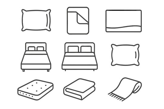 Bedding line icon set. Pillow, duvet cover, sheet, single and double bed, mattress, and blanket icons. Minimalist outline vector illustration for home and bedroom concepts.