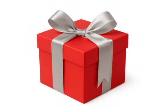 Closed red gift box wrapped with silver ribbon on transparent background, perfect for celebrations and special occasions
