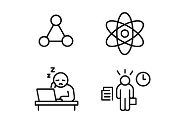 Workaholic and burnout outline icon set. Molecule of stress and atom of overwork. Conceptual pictogram collection of tired, busy employee, deadline pressure, and fatigue.
