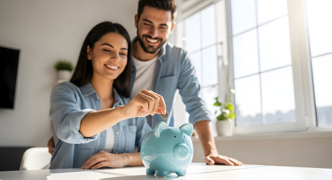 Happy couple saving money, putting a coin in a piggy bank at home.