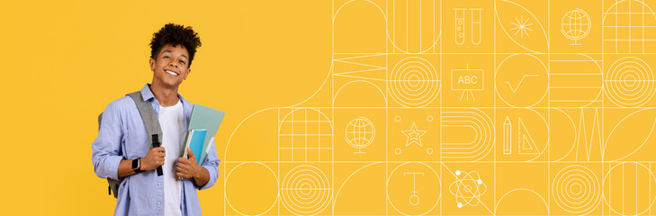 A cheerful student stands confidently with school supplies in hand, showcasing a bright painted background filled with learning themes. The setting promotes an inspiring educational atmosphere.