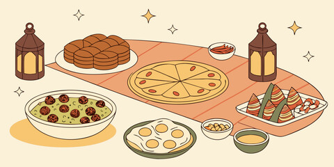 set of food and drinks