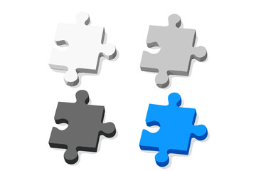 3D jigsaw puzzle pieces concept. Metaphor for solution, teamwork, and strategy. Blue piece stands out, representing uniqueness, innovation, and the right fit. Business idea.