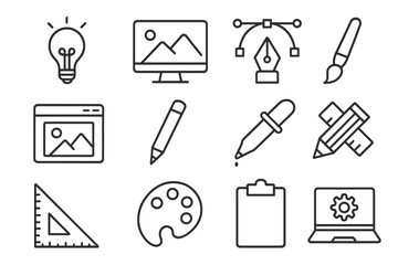 Graphic design and art tools line icon set. Collection of simple outline symbols for the creative process. Vector icons for drawing, web, app design, and digital art.