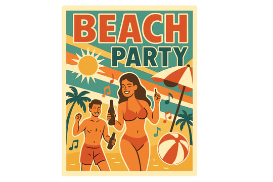 Retro beach party poster template. Vintage summer music festival flyer. Tropical sunset ocean background with palm trees silhouette. Surf event invitation graphic design for vacation.