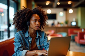 A Young African American Woman Immersed in a Virtual Business Webinar at a Colorful Cafe, Filled with Determination and Focus