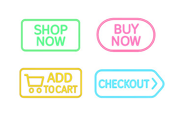 Shop Now, Buy Now, Add to Cart, Checkout neon button set. Glowing web icons for e-commerce. Vector illustration for online store, retail website, and digital marketing.