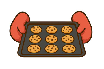 Hands in oven mitts holding a baking tray with fresh chocolate chip cookies. Vector illustration for cooking, bakery, homemade food. Confectionery dessert concept. Isolated.