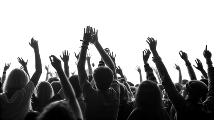 Excited crowd with raised hands isolated on white background