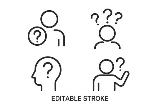 Question line icon set. Outline pictogram collection of a person thinking. Editable stroke. Concepts of problem, confusion, asking, support, help, doubt and FAQ.