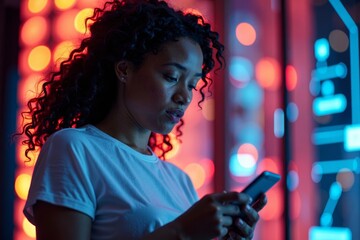Abstract Portrait: African American Individual Engaged with Mobile Security System, featuring Vibrant Imagery and Digital Elements