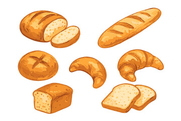 Set of watercolor bread and pastry illustrations. Hand-drawn vector collection of fresh bakery food like croissant, baguette, loaf, and toast on a transparent background.
