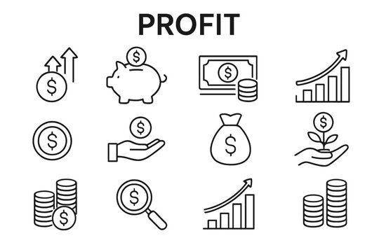 Profit and finance line icon set. Vector icons for money, investment, savings, and earnings. Symbols of financial growth, cash, income, and wealth. Outline pictogram. - Powered by Adobe