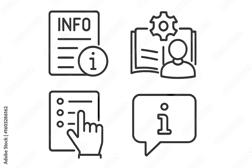 Poster information line icon set. user manual, guide, instructions and help desk thin line icons. faq, info