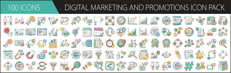 Digital Marketing and Promotions Icon Pack with 100 Online Strategy Elements - A vibrant collection of 100 cartoon-style digital marketing icons, including SEO, email, content, analytics, ads, and bra