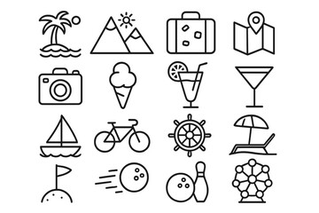 Recreation, vacation, and entertainment line icon set. Summer travel and holiday symbols for web and mobile. Linear outline pictogram collection. Vector illustration.