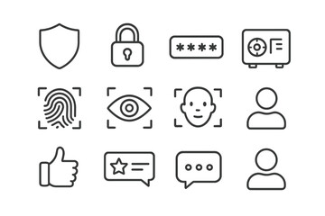 Cybersecurity line icon set. Data protection, safety and privacy concepts. Vector collection of shield, padlock, password, safe, fingerprint, face ID and eye scan symbols.