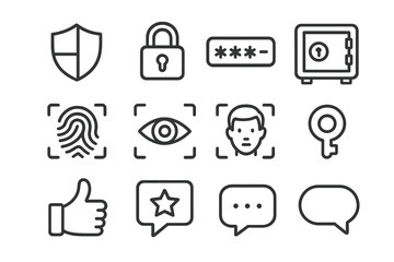 Security icon set for cyber safety and data protection. Biometric authentication with fingerprint, face, and eye scan. Shield, lock, password, and safe vector icons.