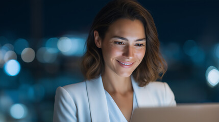 Obraz premium Smiling Latina woman dreaming of career growth in modern office