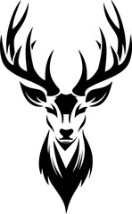 Black deer icon on white background, elegant silhouette design representing wildlife, strength, and nature in minimalist vector style