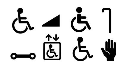 Accessibility icons set: wheelchair, ramp, cane, elevator, prosthesis, hand. Inclusive design.