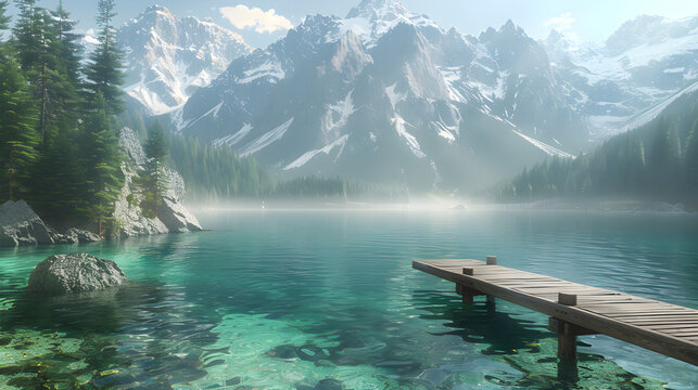 Austrias Lake Gosausee in early morning light, clear turquoise water reflecting snow-covered Dachstein mountain range, warm sunrays beginning to hit the cliffs - Powered by Adobe