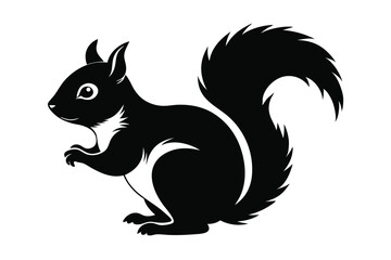 Black Silhouette of a Squirrel with Bushy Tail Standing Upright and Looking Left