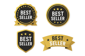 Premium Best Seller Badges Collection – Gold and Black Vector Emblems, Award Seal, Bestseller Ribbon, Top Product Label, Luxury Design, Certification Stamp, Isolated on Transparent Background