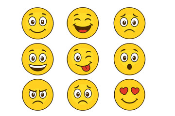 Fototapeta premium Cartoon emoji set of nine yellow emoticons showing happy, laughing, winking, tongue out, sad, crying, surprised, angry and love expressions on brown background vector illustration