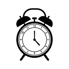 Black silhouette of a classic twin bell alarm clock icon on a white background. Simple analog design showing time. Perfect for reminders, schedules, apps, and time management visuals.