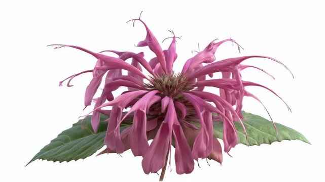 An Elegant Macro Exploration of a Vibrant Pink Monarda Flower in Full Bloom on a White Background
