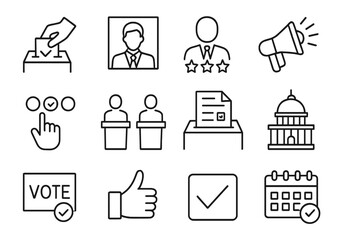 Election line icon set. Vector symbols of voting, president candidate, campaign, political choice, debate, ballot box, and government. Editable outline pictogram collection.