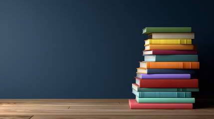 Stack of Literary Treasures: A vibrant stack of diverse books on a wooden surface, symbolizing knowledge, learning, and the joy of reading, all against a calming backdrop