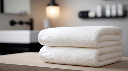 A neatly folded beige cotton bath towel rests in soft light, its gentle fabric texture and subtle shadows evoking comfort, warmth, and everyday serenity...