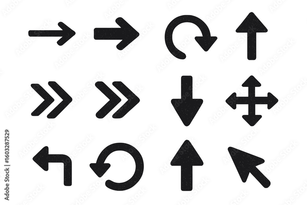 Poster grunge arrow icon set. textured vector direction signs and symbols. black navigation pointers collec