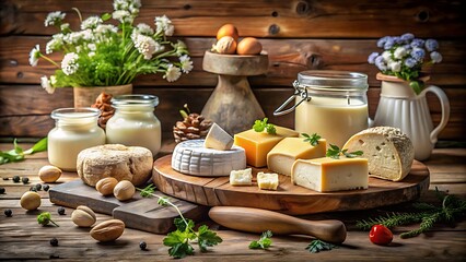 Assortment of artisanal cheeses and dairy products on a wooden board