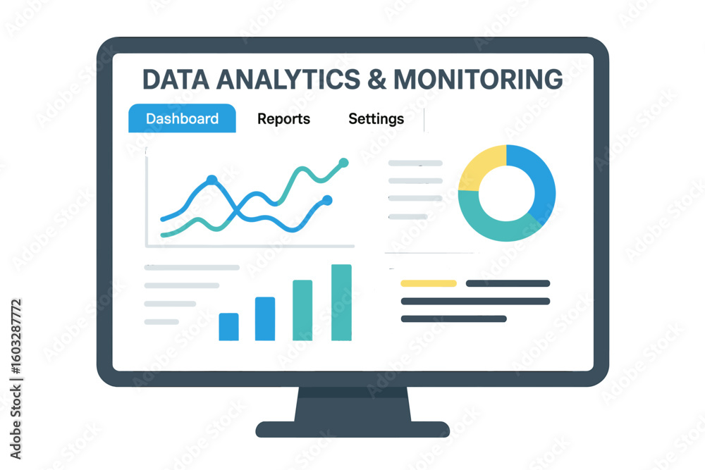 Poster data analytics and monitoring concept. computer monitor with dashboard showing graphs and charts. bu