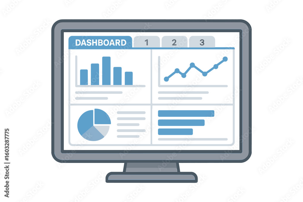 Poster data analytics and monitoring concept. business intelligence dashboard on computer monitor screen. a