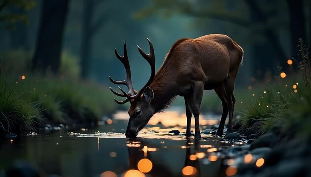Red deer drinking water from a clear stream
