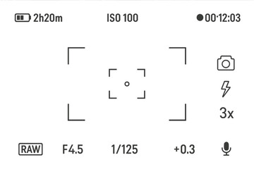 Digital camera viewfinder overlay. Modern screen display with focus frame and recording settings. Photo and video camera interface with ISO, shutter speed, and aperture. Vector.