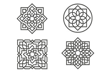 Arabic geometric ornaments set. Four Islamic patterns collection. Vector line art of traditional Moroccan sacred geometry. Abstract star symbols for logo and decoration elements.