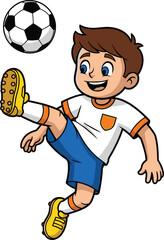 Energetic cartoon boy playing soccer, kicking football mid-air, sports uniform, outdoor activity, fun illustration, active child, athletic movement, game © Ideasy Mind