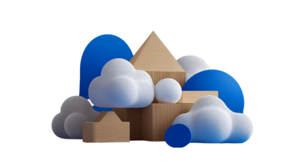 Modern 3D composition with geometric shapes and fluffy clouds on transparent background